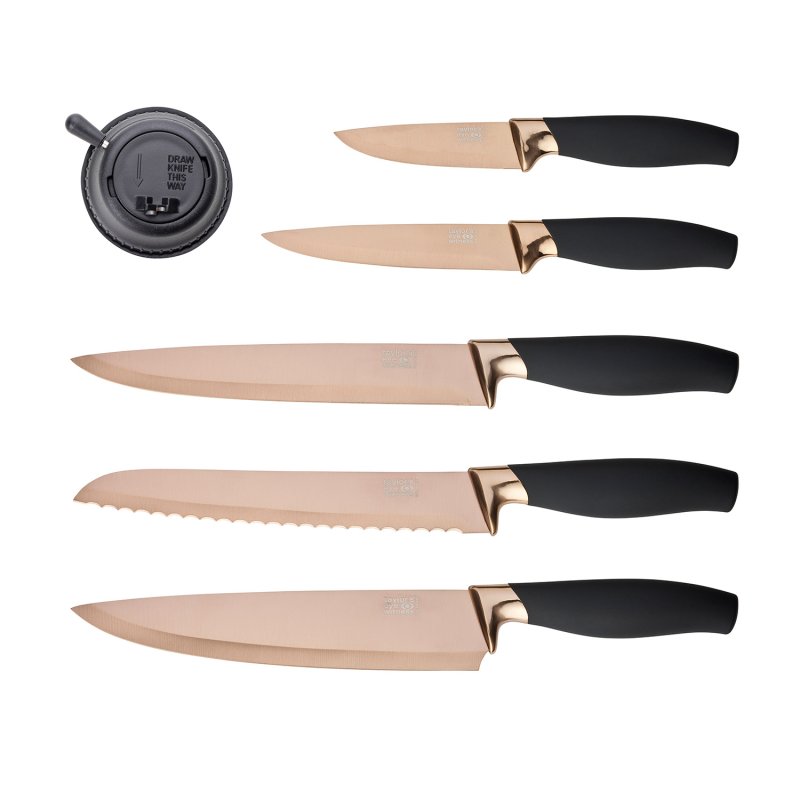 Brooklyn Rose Gold 5 Piece Titanium-Nitride-Coated Paring, All Purpose,  Carving, Bread & 20cm Chef's Knife Set With Countertop Sharpener