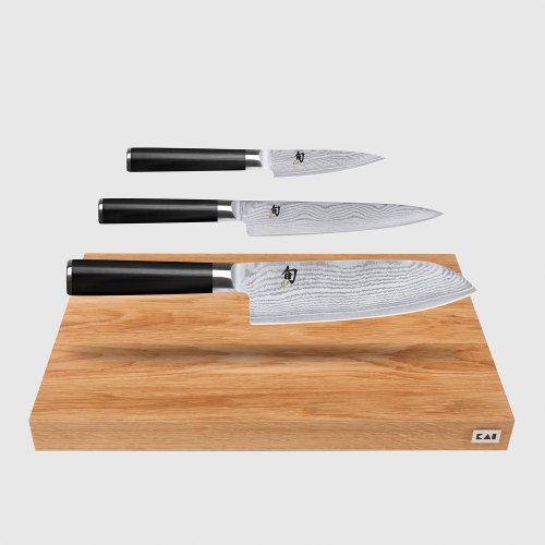 Oak Cutting Board & 3 Piece Shun Classic Knife Set