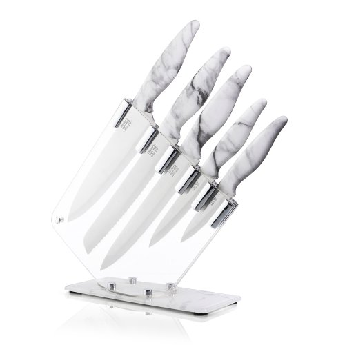 Luxe Soft Touch Marble Effect 5 Piece Kitchen Knife & Acrylic Knife Block Set