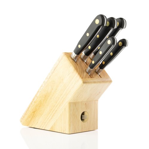 Oxford Brass Rivet 5 Piece Kitchen Knife & Rubberwood Knife Block Set