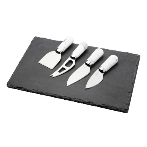 Brooklyn Chrome Marble 4 Piece Cheese Knife & Slate Cheese Board Set