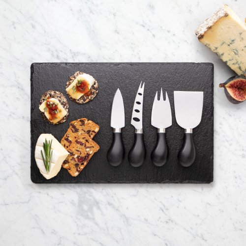 4 Piece Stainless Steel Cheese Knife & Slate Cheese Board Set