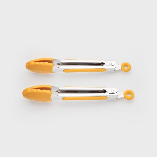 Set of 2 Mini Stainless Steel Silicone Tongs Mustard