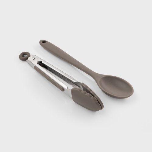 Mini Silicone Spoon & Stainless Steel Tongs Set Grey