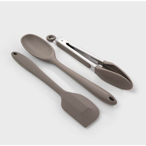 Silicone Spoon, Tongs & Spatula Set Grey