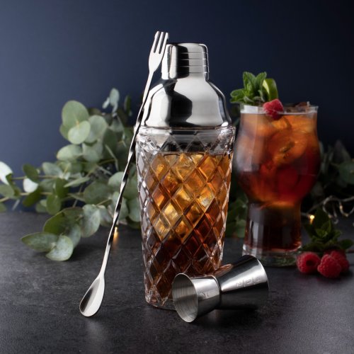 Taproom Three Piece Embossed Glass Cocktail Shaker, Stainless Steel