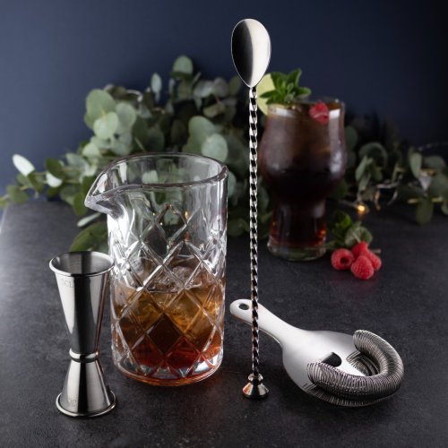 Taproom Four Piece Embossed Glass Cocktail Mixing Set, Stainless Steel
