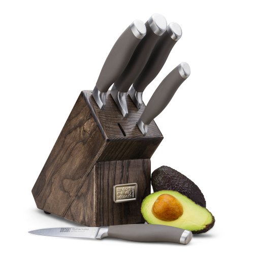 Syracuse Soft Grip Grey 5 Piece Kitchen Knife & Ash Wood Knife Block Set