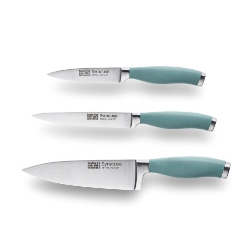 Syracuse Soft Grip Aqua 3 Piece Paring, All Purpose & 15cm Chef's Knife Set