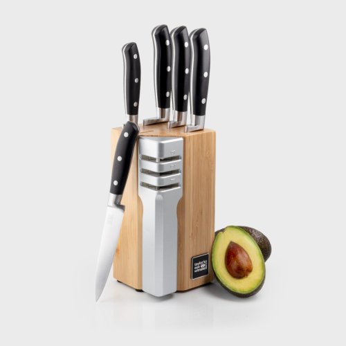 Henley 5 Piece Kitchen Knife Knife & Bamboo Wood Block Set with Detachable 3-Stage Knife Sharpener