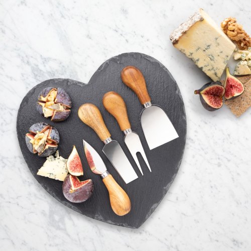 4 Piece Acacia Wood Cheese Knife & Heart-Shaped Slate Cheese Board Set