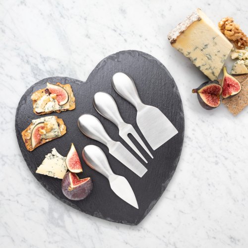 4 Piece Stainless Steel Cheese Knife & Heart-Shaped Slate Cheese Board Set