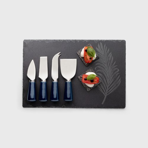 Four Piece Blue Cheese Knife & Laser Engraved Slate Board Set, Fern