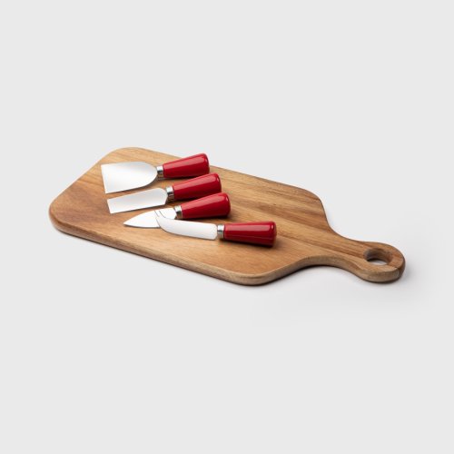 Four Piece Red Ceramic Cheese Knife & Acacia Wood Charcuterie Board Set