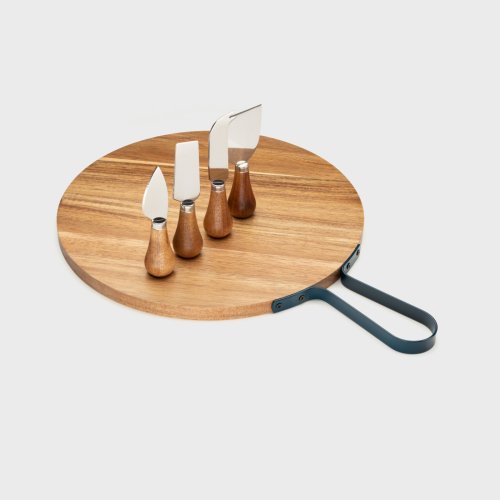 Four Piece Acacia Wood Cheese Knife & Round Charcuterie Board Set