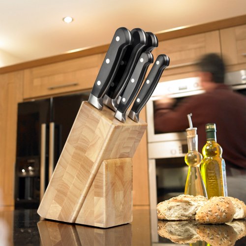 5 Piece Kitchen Knife & Endgrain Rubberwood Knife Block Set