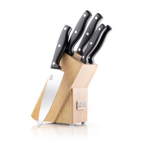 5 Piece Kitchen Knife & Rubberwood Knife Block Set