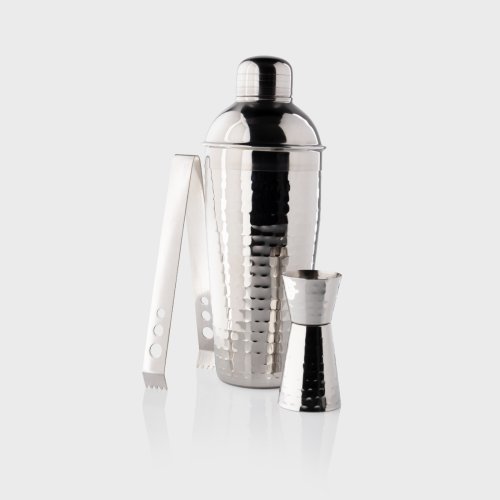 Taproom Three Piece Cocktail Set with 750ml Cobbler Cocktail Shaker, Hammered Stainless Steel