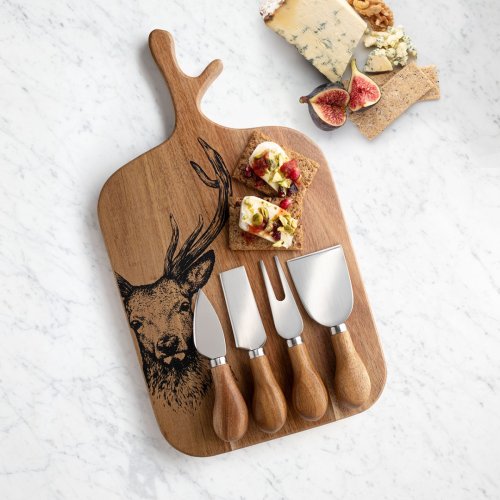 Stag Acacia Cheese Board & Four Piece Cheese Knife Set