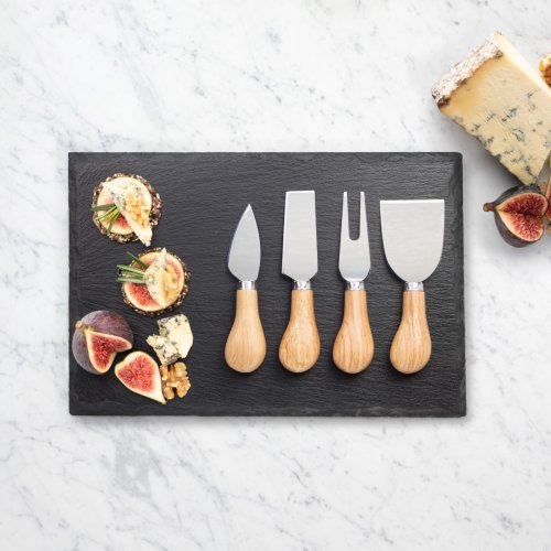 4 Piece Oak Cheese Knife & Slate Cheese Board Set