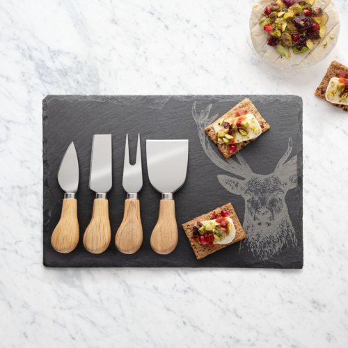 Four Piece Oak Cheese Knife & Stag Design Slate Cheese Board Set